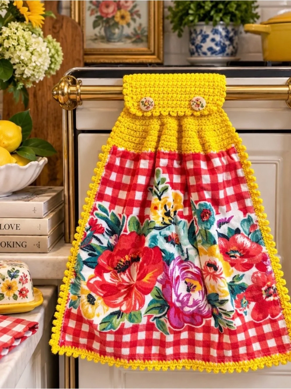 Pioneer Woman Floral Gingham Crochet Hanging Kitchen Towel